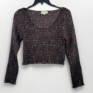 Open Edit Black Brown Ruche Smocked Long Sleeve Scoop Neck Crop Top Sz S